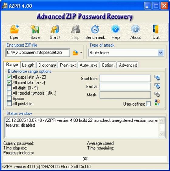 Скриншот программы advanced archive password recovery