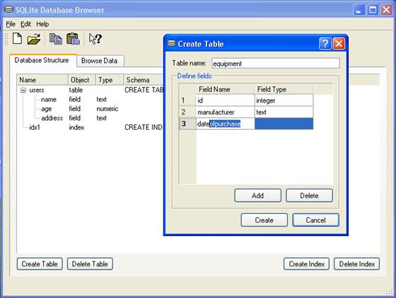 Скриншот программы sqlite database browser