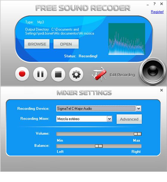 Скриншот программы free sound recorder
